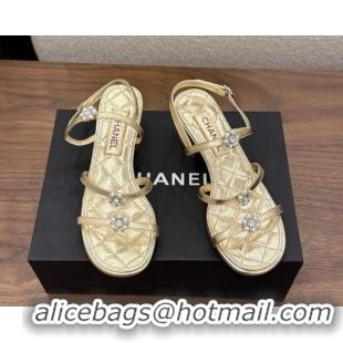 Shop Duplicate Chanel Lambskin Leather Low Heel Strap Sandals with Bloom G46964 Gold 2026
