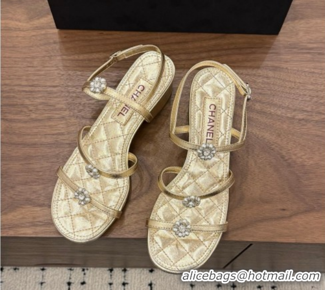 Shop Duplicate Chanel Lambskin Leather Low Heel Strap Sandals with Bloom G46964 Gold 2026