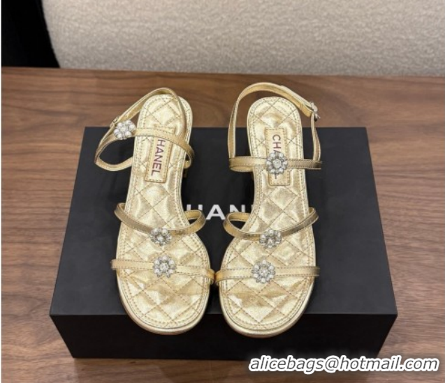 Shop Duplicate Chanel Lambskin Leather Low Heel Strap Sandals with Bloom G46964 Gold 2026