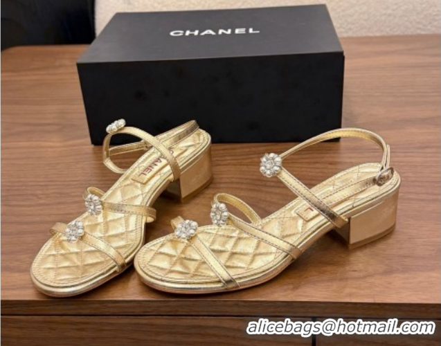 Shop Duplicate Chanel Lambskin Leather Low Heel Strap Sandals with Bloom G46964 Gold 2026