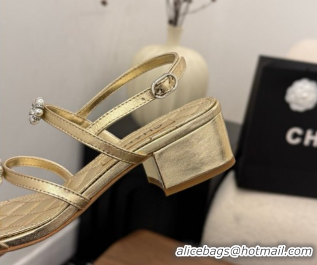 Shop Duplicate Chanel Lambskin Leather Low Heel Strap Sandals with Bloom G46964 Gold 2026