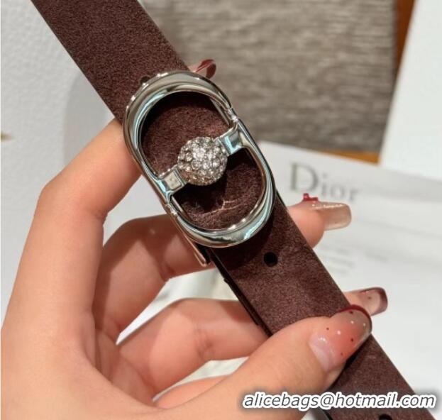 Dior Suede and Leather Belt 2cm with Strass CD Buckle 1231 Brown/Silver 2025