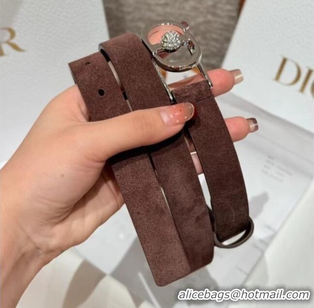 Dior Suede and Leather Belt 2cm with Strass CD Buckle 1231 Brown/Silver 2025