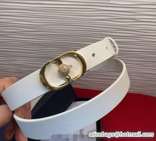Luxury Cheap Dior Calfskin Leather Belt 2cm with Strass CD Buckle 1231 White/Gold 2025