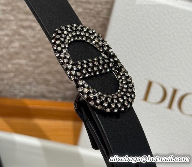 Good Quality Dior Calfskin Leather Belt 2.5cm with Strass CD Buckle 1230 Black 2025