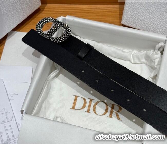 Good Quality Dior Calfskin Leather Belt 2.5cm with Strass CD Buckle 1230 Black 2025