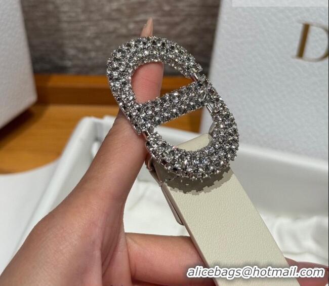 Unique Grade Dior Calfskin Leather Belt 2.5cm with Strass CD Buckle 1230 White/Silver 2025