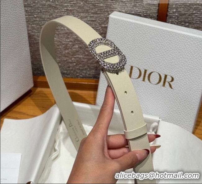 Unique Grade Dior Calfskin Leather Belt 2.5cm with Strass CD Buckle 1230 White/Silver 2025