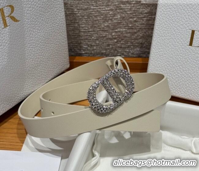 Unique Grade Dior Calfskin Leather Belt 2.5cm with Strass CD Buckle 1230 White/Silver 2025