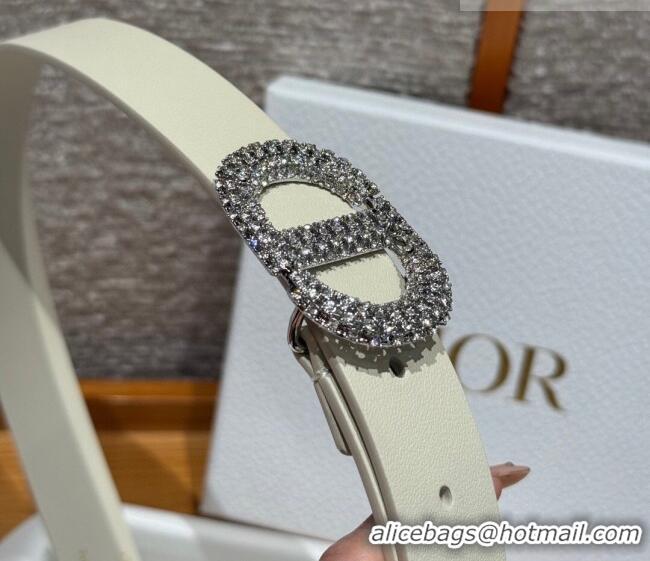 Unique Grade Dior Calfskin Leather Belt 2.5cm with Strass CD Buckle 1230 White/Silver 2025