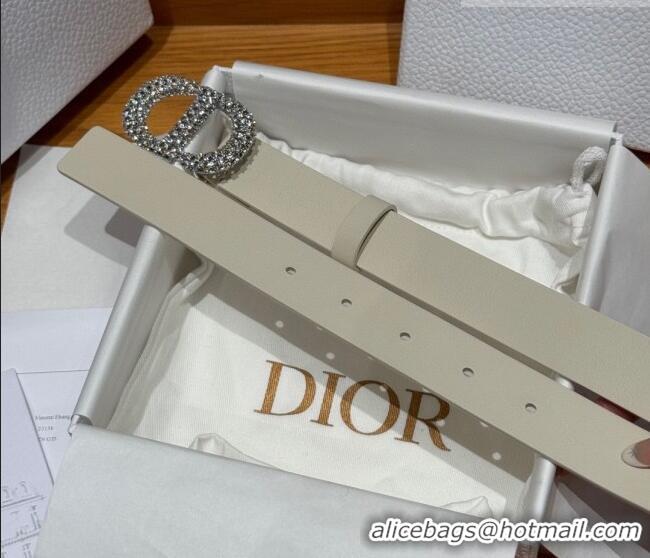 Unique Grade Dior Calfskin Leather Belt 2.5cm with Strass CD Buckle 1230 White/Silver 2025