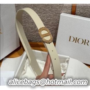 Luxury Discount Dior Calfskin Leather Belt 2.5cm with Strass CD Buckle 1230 White/Gold 2025
