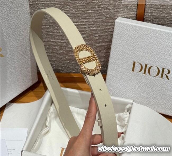 Luxury Discount Dior Calfskin Leather Belt 2.5cm with Strass CD Buckle 1230 White/Gold 2025