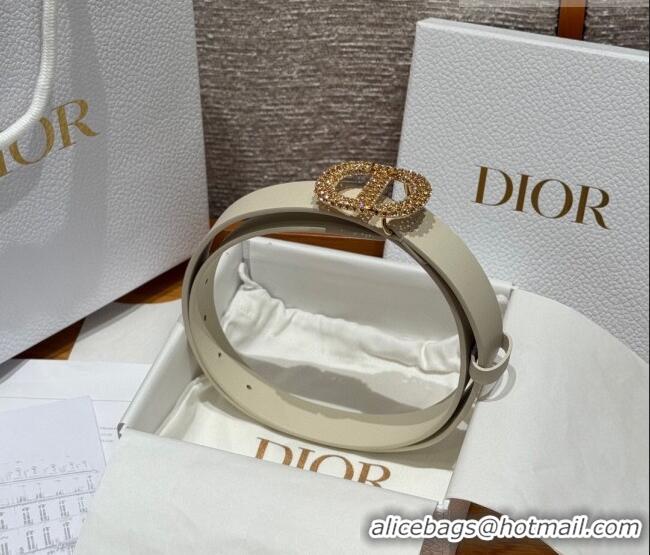 Luxury Discount Dior Calfskin Leather Belt 2.5cm with Strass CD Buckle 1230 White/Gold 2025