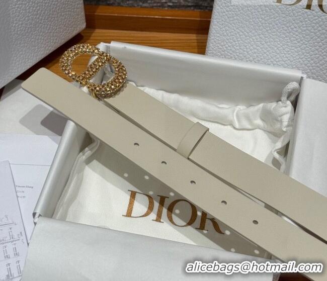 Luxury Discount Dior Calfskin Leather Belt 2.5cm with Strass CD Buckle 1230 White/Gold 2025
