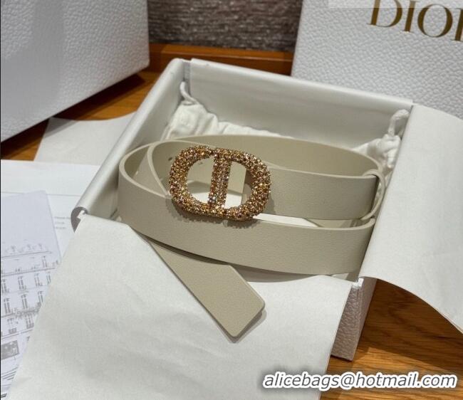 Luxury Discount Dior Calfskin Leather Belt 2.5cm with Strass CD Buckle 1230 White/Gold 2025