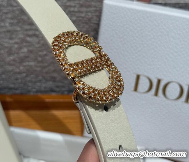 Luxury Discount Dior Calfskin Leather Belt 2.5cm with Strass CD Buckle 1230 White/Gold 2025
