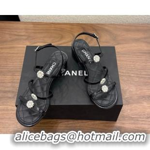 Good Quality Chanel Lambskin Leather Low Heel Strap Sandals with Bloom G46964 Black 2026
