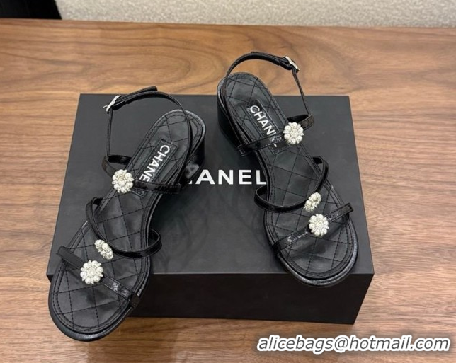 Good Quality Chanel Lambskin Leather Low Heel Strap Sandals with Bloom G46964 Black 2026