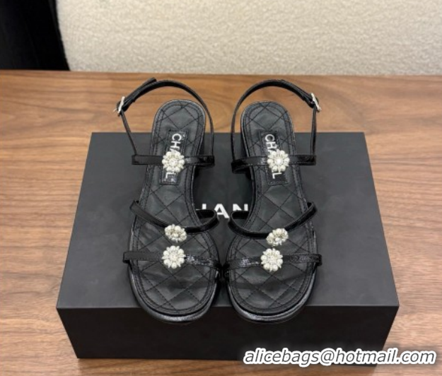 Good Quality Chanel Lambskin Leather Low Heel Strap Sandals with Bloom G46964 Black 2026