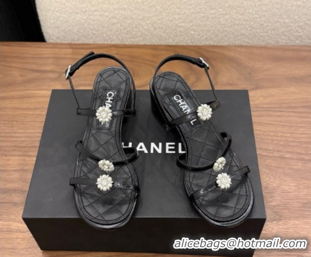 Good Quality Chanel Lambskin Leather Low Heel Strap Sandals with Bloom G46964 Black 2026