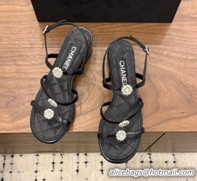 Good Quality Chanel Lambskin Leather Low Heel Strap Sandals with Bloom G46964 Black 2026