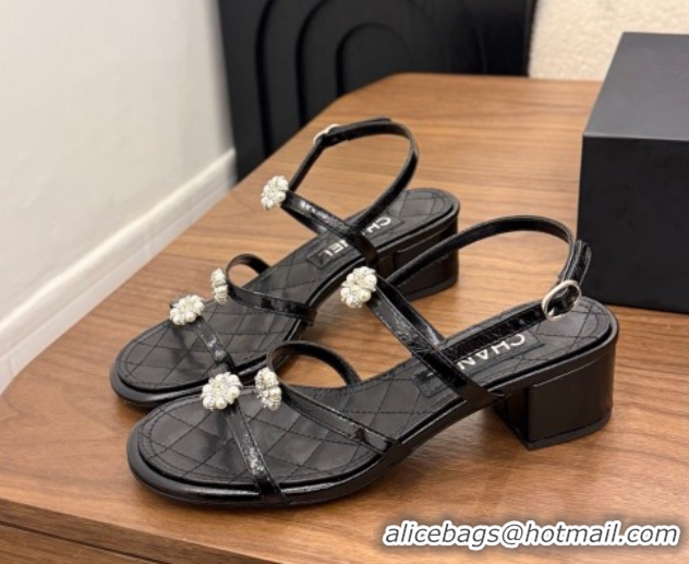 Good Quality Chanel Lambskin Leather Low Heel Strap Sandals with Bloom G46964 Black 2026