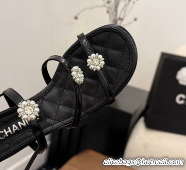 Good Quality Chanel Lambskin Leather Low Heel Strap Sandals with Bloom G46964 Black 2026