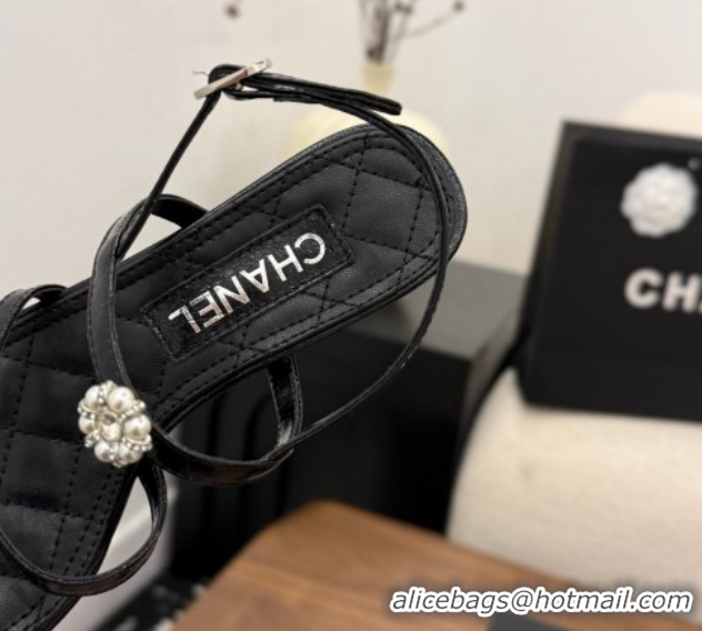 Good Quality Chanel Lambskin Leather Low Heel Strap Sandals with Bloom G46964 Black 2026