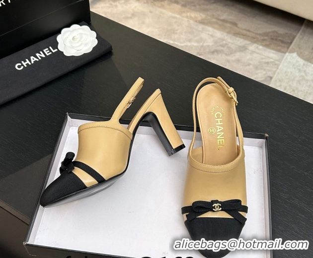 Grade Quality Chanel Calfskin Leather & Grosgrain Slingbacks Pump 9cm with Bow G47021 Beige 2026