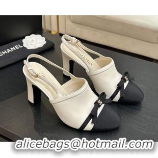 Grade Quality Chanel Calfskin Leather & Grosgrain Slingbacks Pump 9cm with Bow G47021 White 2026