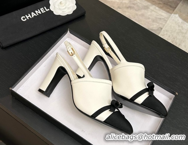 Grade Quality Chanel Calfskin Leather & Grosgrain Slingbacks Pump 9cm with Bow G47021 White 2026
