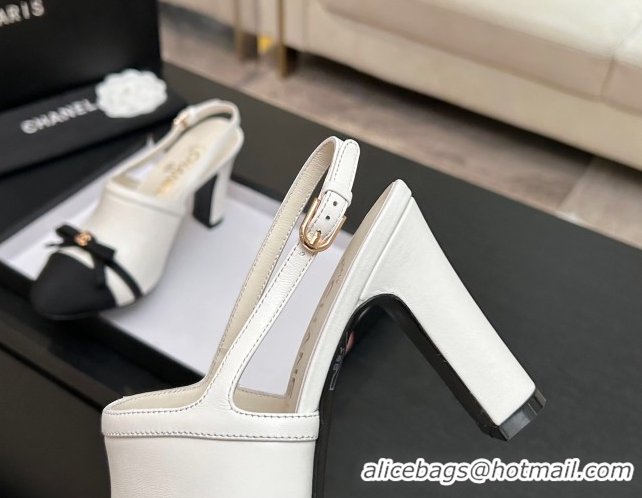 Grade Quality Chanel Calfskin Leather & Grosgrain Slingbacks Pump 9cm with Bow G47021 White 2026