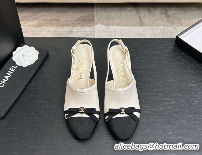Grade Quality Chanel Calfskin Leather & Grosgrain Slingbacks Pump 9cm with Bow G47021 White 2026