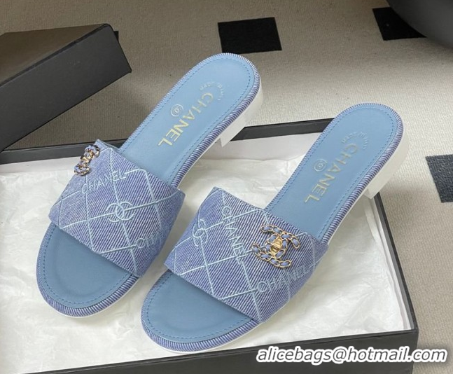 Pretty Style Chanel Quilted Cotton Flat Slides Sandal CH030902 Light Blue 2026