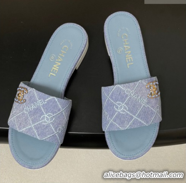 Pretty Style Chanel Quilted Cotton Flat Slides Sandal CH030902 Light Blue 2026