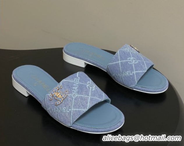 Pretty Style Chanel Quilted Cotton Flat Slides Sandal CH030902 Light Blue 2026