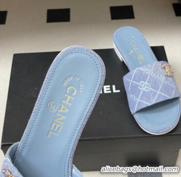 Pretty Style Chanel Quilted Cotton Flat Slides Sandal CH030902 Light Blue 2026