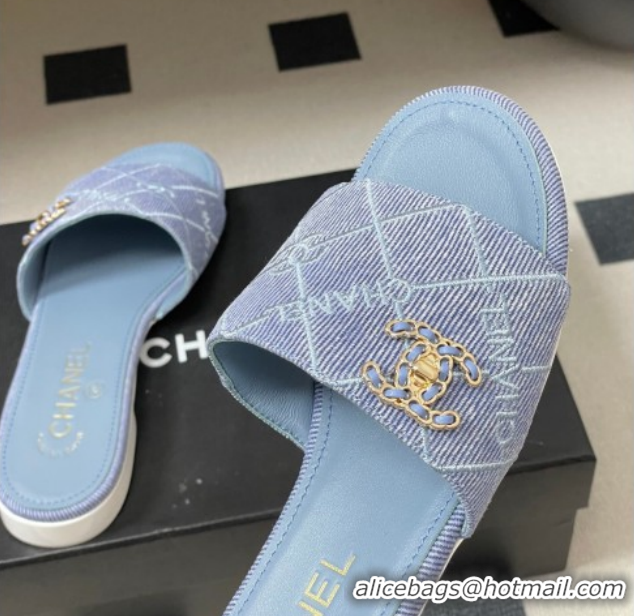Pretty Style Chanel Quilted Cotton Flat Slides Sandal CH030902 Light Blue 2026