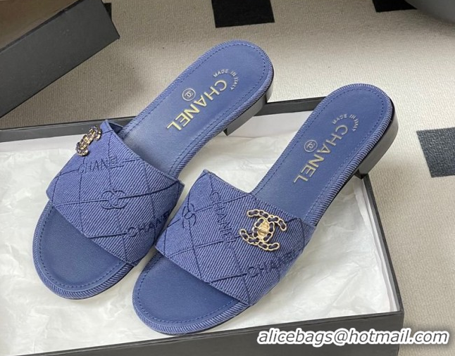 Durable Style Chanel Quilted Cotton Flat Slides Sandal CH030902 Denim Blue 2026