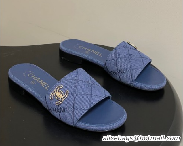 Durable Style Chanel Quilted Cotton Flat Slides Sandal CH030902 Denim Blue 2026
