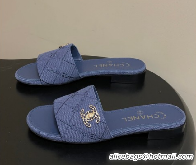 Durable Style Chanel Quilted Cotton Flat Slides Sandal CH030902 Denim Blue 2026