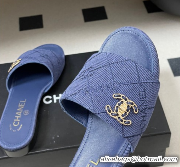 Durable Style Chanel Quilted Cotton Flat Slides Sandal CH030902 Denim Blue 2026