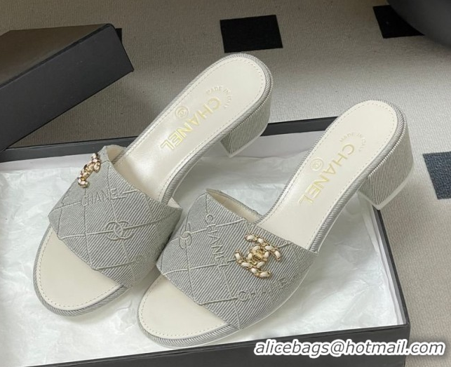 Good Quality Chanel Quilted Cotton Heel Slides Sandal 5cm CH030902 Grey 2026