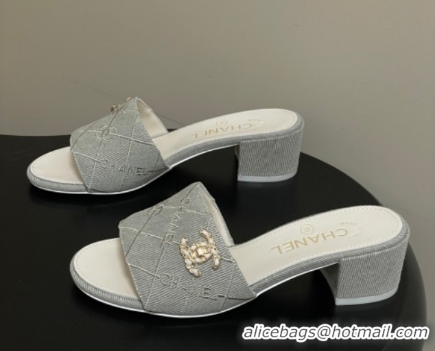 Good Quality Chanel Quilted Cotton Heel Slides Sandal 5cm CH030902 Grey 2026