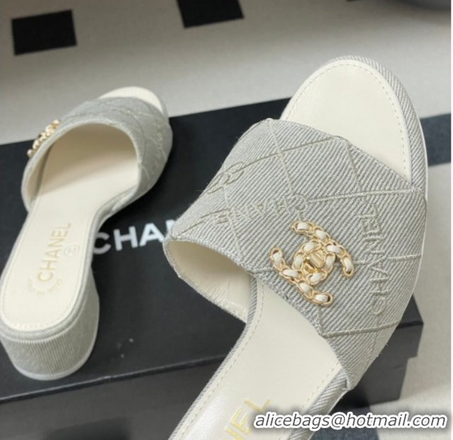 Good Quality Chanel Quilted Cotton Heel Slides Sandal 5cm CH030902 Grey 2026