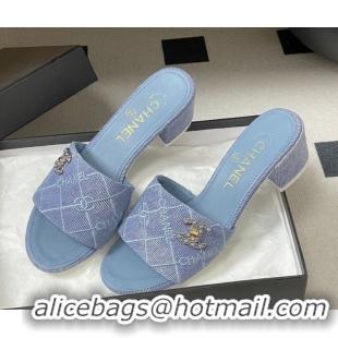 Hot Style Chanel Quilted Cotton Heel Slides Sandal 5cm CH030902 Light Blue 2026