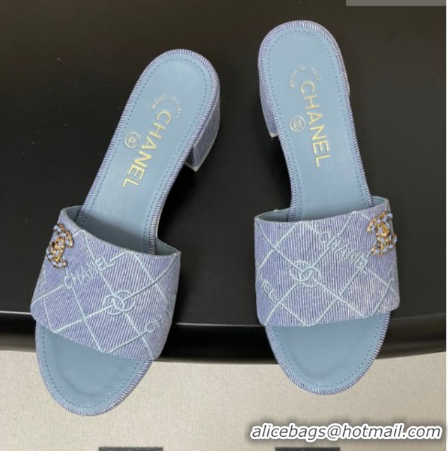 Hot Style Chanel Quilted Cotton Heel Slides Sandal 5cm CH030902 Light Blue 2026