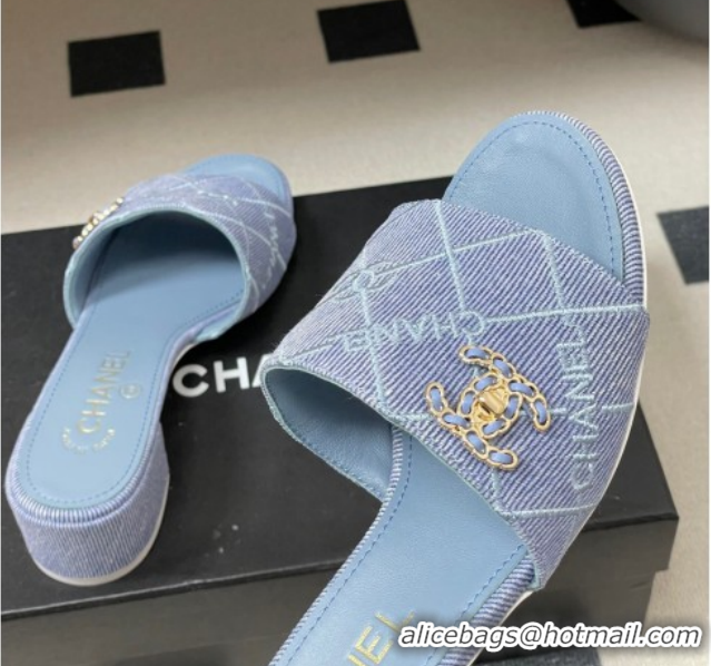 Hot Style Chanel Quilted Cotton Heel Slides Sandal 5cm CH030902 Light Blue 2026