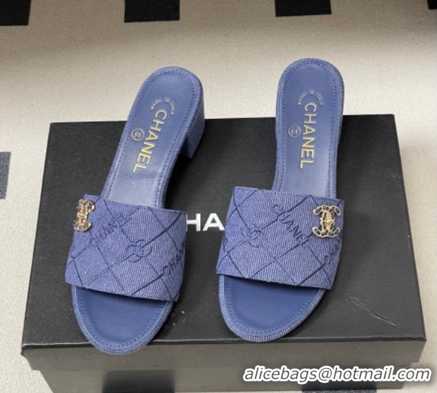 Sophisticated Chanel Quilted Cotton Heel Slides Sandal 5cm CH030902 Denim Blue 2026
